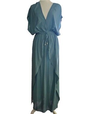 Elan Blue/Green V-Neck Drawstring Waist Maxi Dress